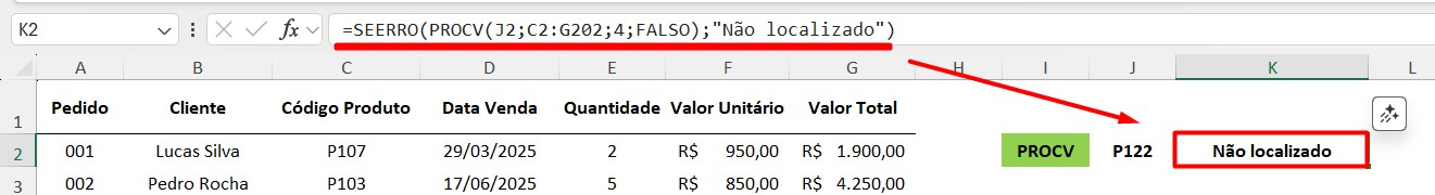 Funções SEERRO e PROCV no Excel