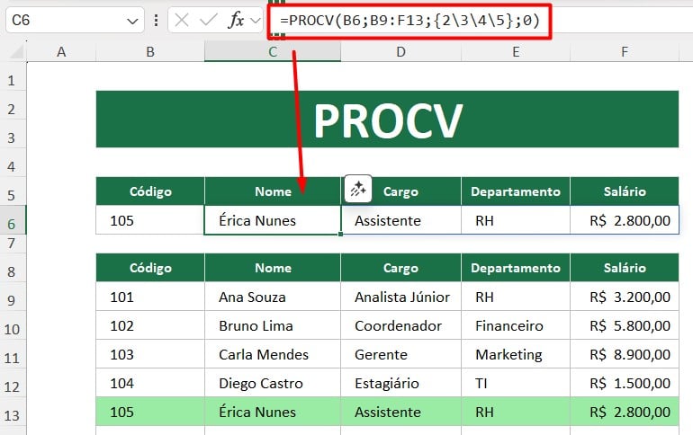 Resultado do PROCV no Excel