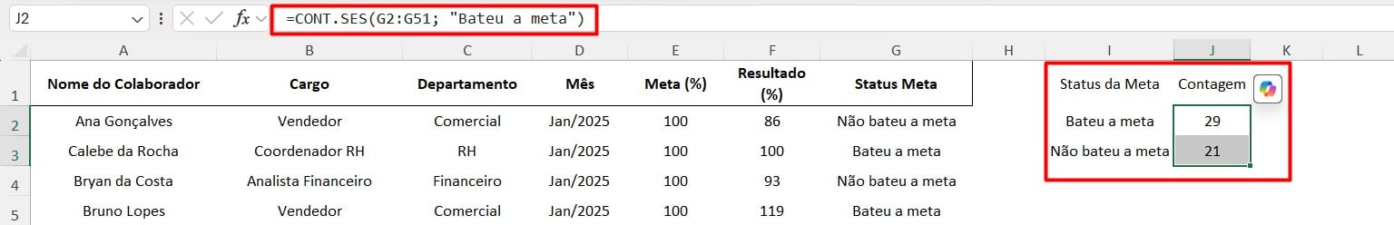 Tabela com CONT.SES no Excel