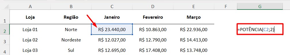 Potência no Excel