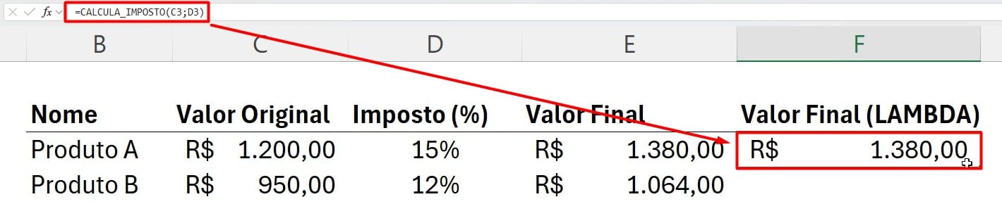 Resultado da Fórmula Registrada no Excel