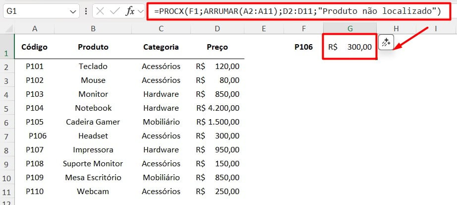 Resultado das Funções PROCX com ARRUMAR no Excel