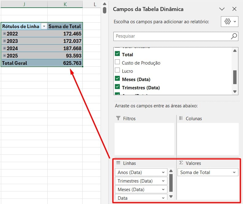 Tabela Dinâmica com o Total de Vendas por Mês no Excel