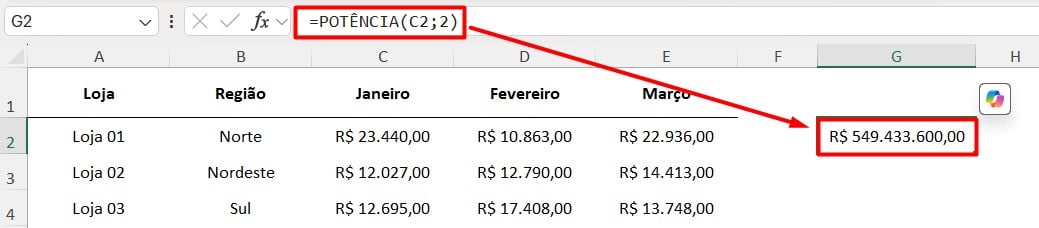 Potência no Excel