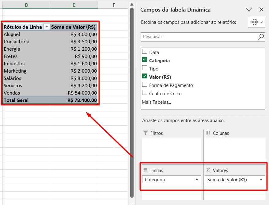 Tabela Dinâmica com Total por Categoria no Excel