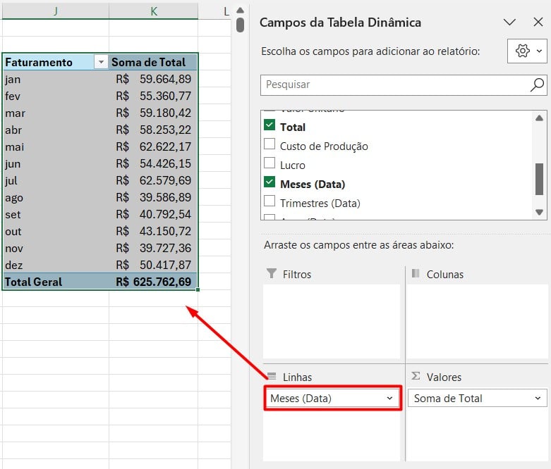 Tabela Dinâmica com o Total de Vendas por Mês no Excel