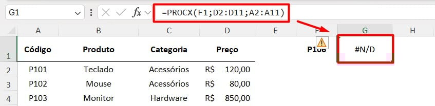 Erro na Função PROCX no Excel