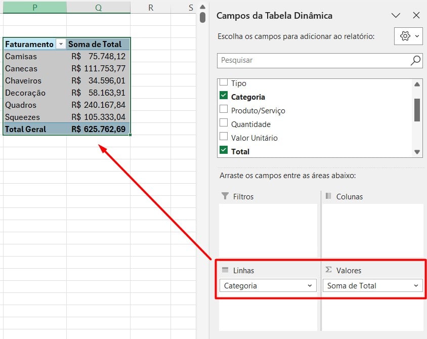 Tabela Dinâmica com o Faturamento por Categoria no Excel