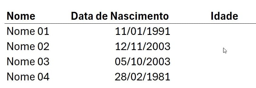 Tabela para Cálculo de Idade no Excel