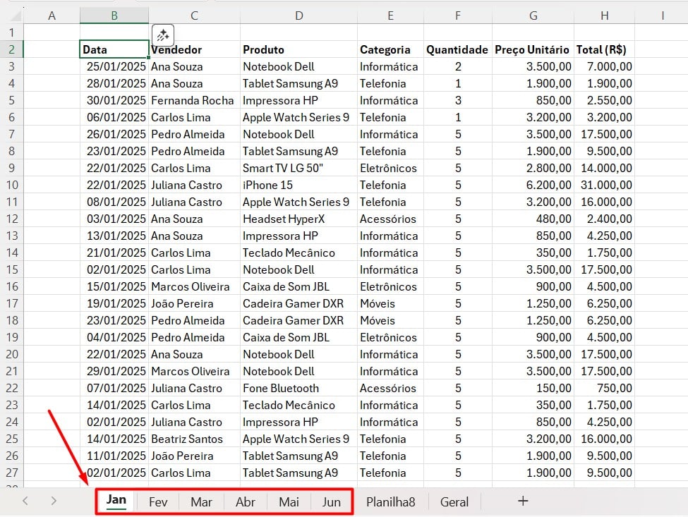 Abas no Excel com o Registro de Vendas por Mês