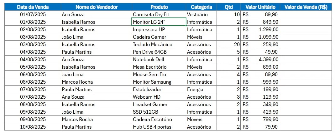 Registro de Vendas no Excel Online