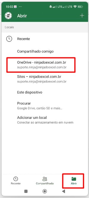 Acessando o OneDrive no Excel Mobile