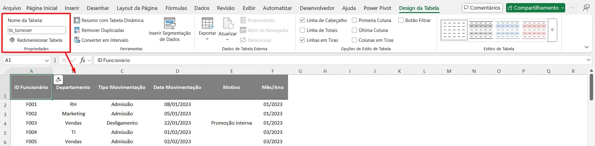Base de Dados Transformada em Tabela no Excel