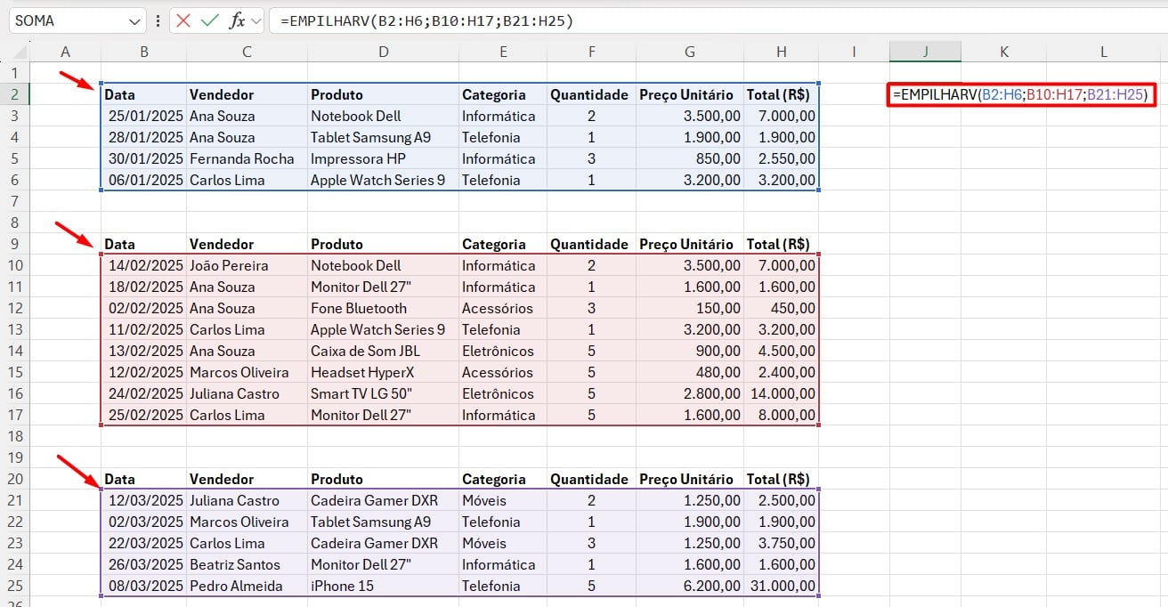 Aplicando a Função EMPILHARV no Excel