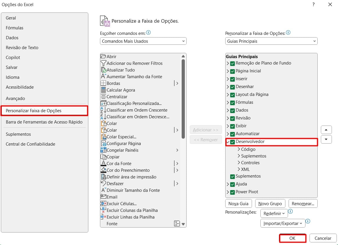 Ativando Guia de Desenvolvedor no Excel