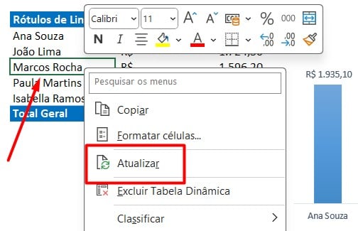 Atualizando Manualmente os Dados da Tabela Dinâmica no Excel