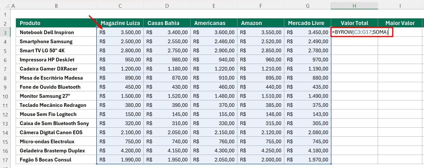 BYROW com SOMA no Excel