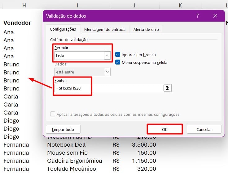 Criando Lista Suspensa no Excel