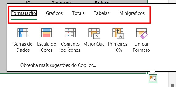 Sugestões da Análise Rápida do Excel