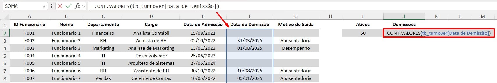 Aplicando a Função CONT.VALORES no Excel