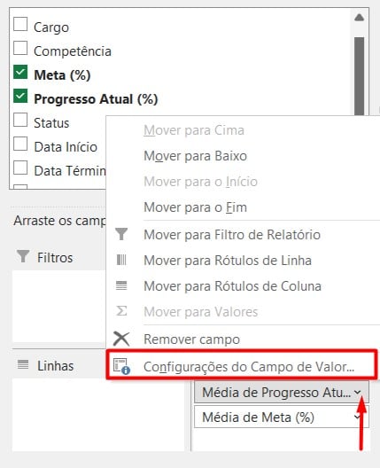 Configurando o Campo Valor na Tabela Dinâmica no Excel