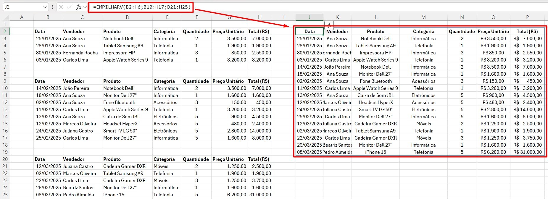 Resultado da Função EMPILHARV no Excel