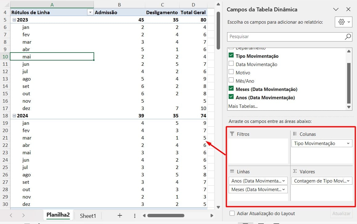 Tabela Dinâmica com o Resumo de Movimentação no Excel