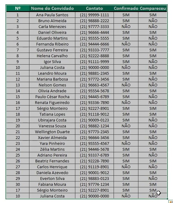 Tabela com Registro de Presença no Excel