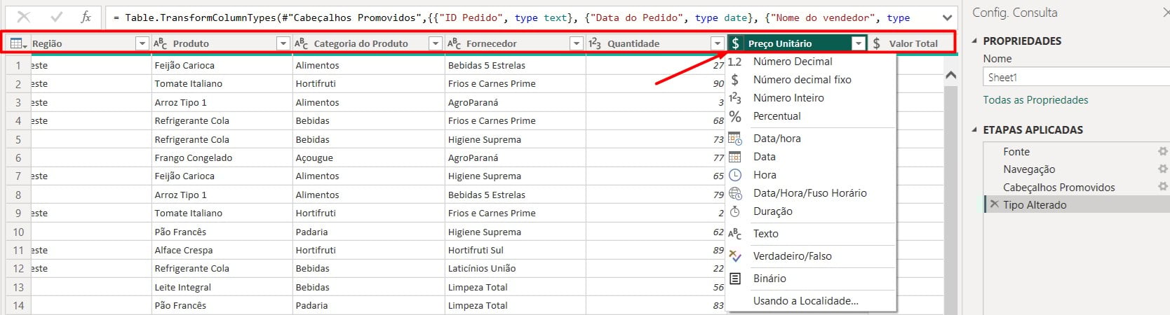 Verificando os Tipos das Colunas no Power Query