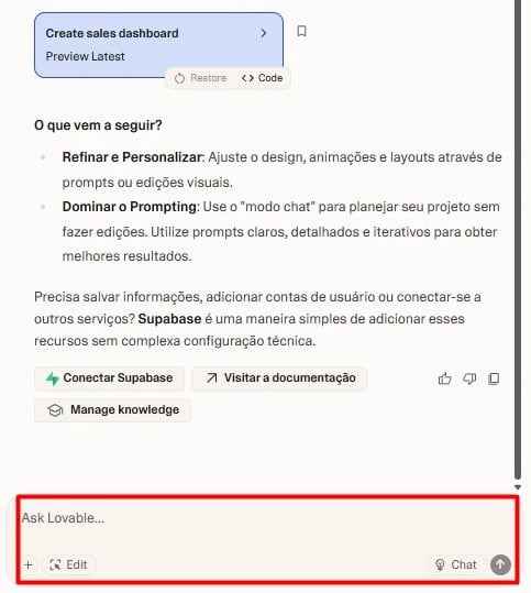 Caixa de Mensagem para Correções no Lovable
