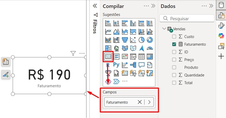 Cartão com a Medida de Faturamento no Power BI