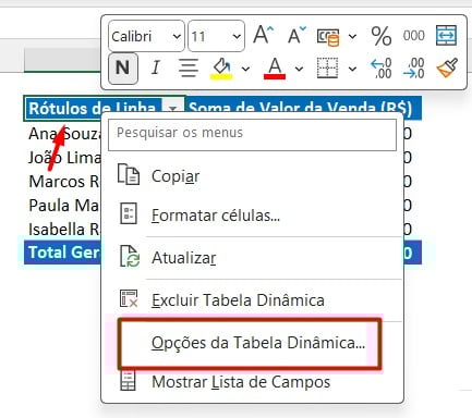 Configurando a Atualização Automática na Tabela Dinâmica no Excel