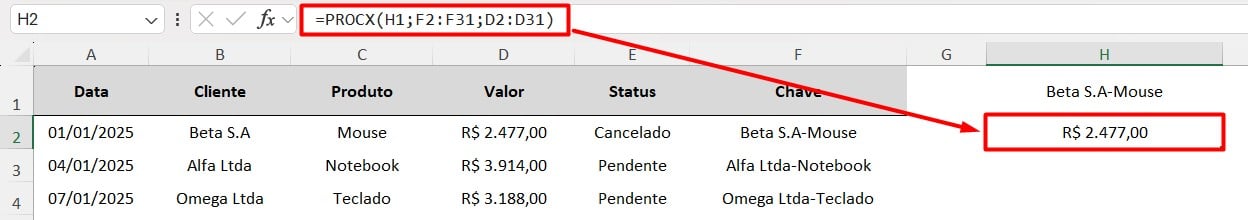 Função PROCX com Chave no Excel