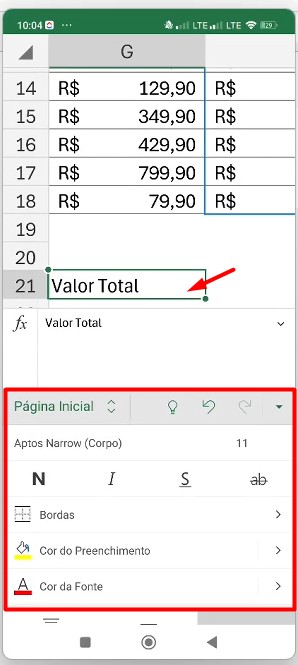 Personalizando Texto no Excel Mobile