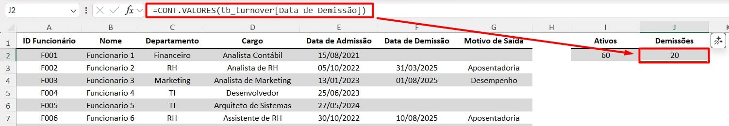 Resultado da Função CONT.VALORES no Excel