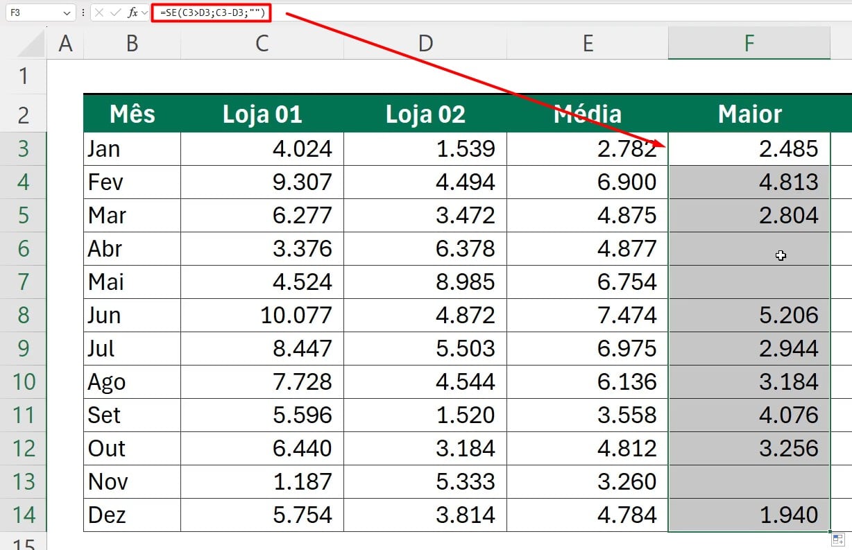Resultado da Função SE no Excel