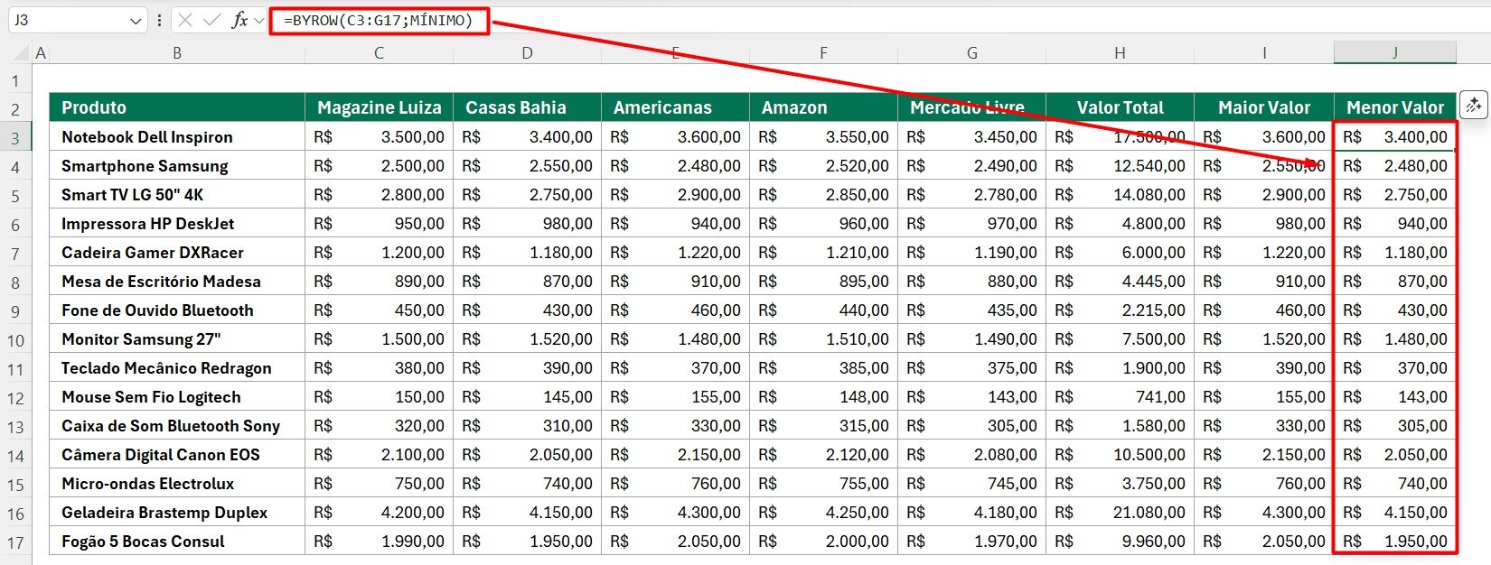 BYROW com MÍNIMO no Excel