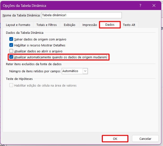 Configurando a Atualização Automática na Tabela Dinâmica no Excel