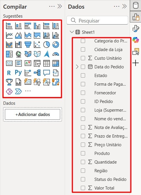 Dados e Opções de Visuais no Power BI