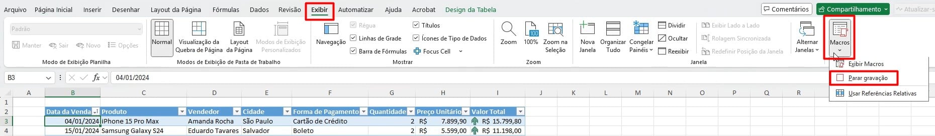Parando Gravação de Macro no Excel