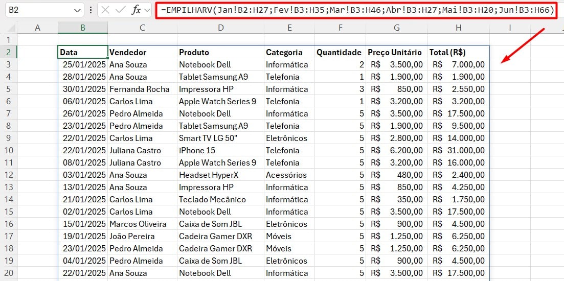 Resultado da Função EMPILHARV no Excel