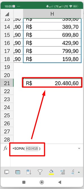 Função SOMA no Excel Mobile