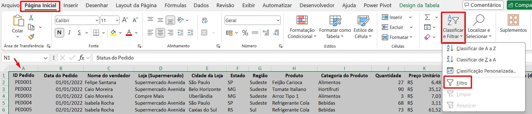 Inserindo Filtro na Tabela no Excel