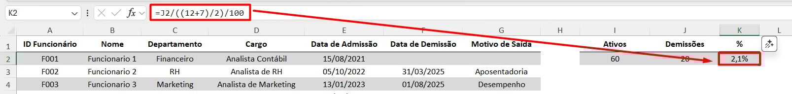 Porcentagem de Rotatividade no Excel