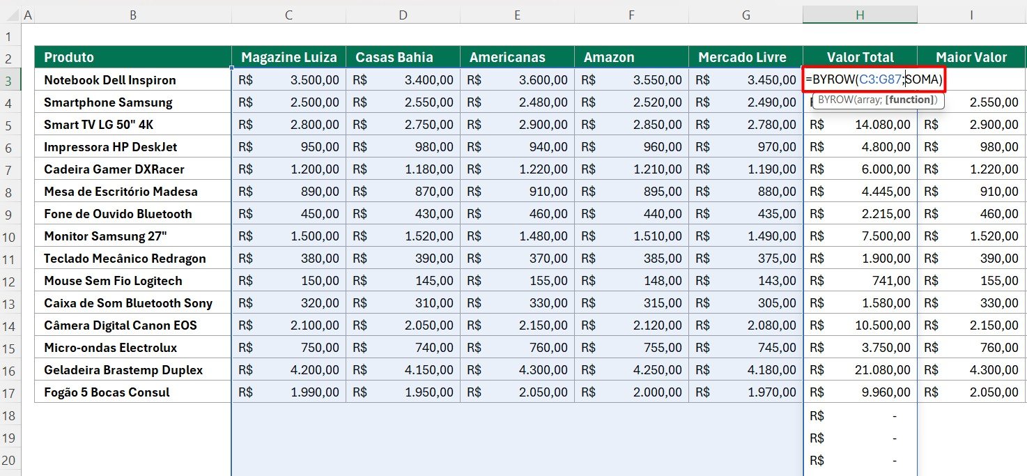 Selecionando Intervalo Maior com BYROW no Excel