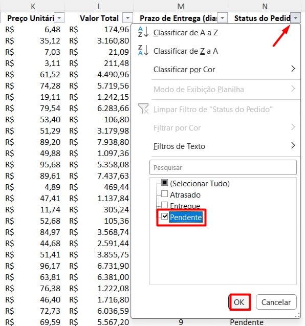 Filtrando Status no Excel
