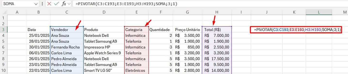Função PIVOTAR no Excel