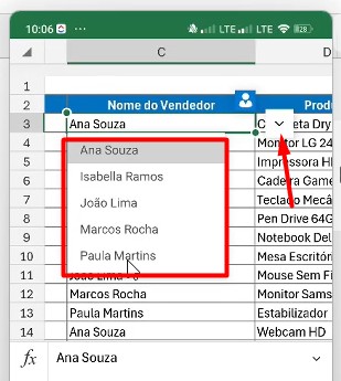 Lista Suspensa no Excel Mobile