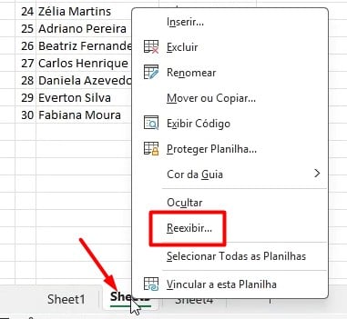 Reexibindo Abas no Excel