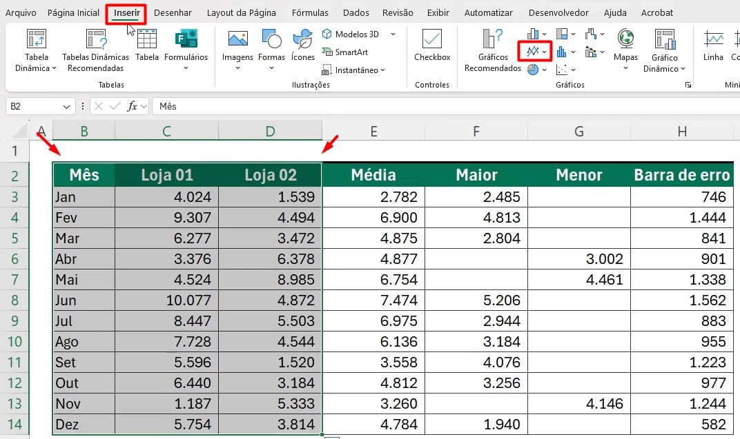 Inserindo Gráfico de Linhas no Excel